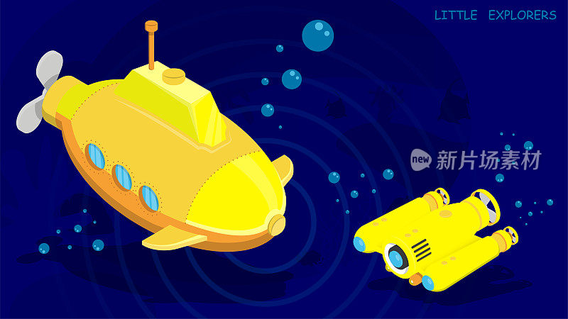 潜艇和自主水下机器人无人机进行研究和海底视频拍摄。卡通风格的矢量