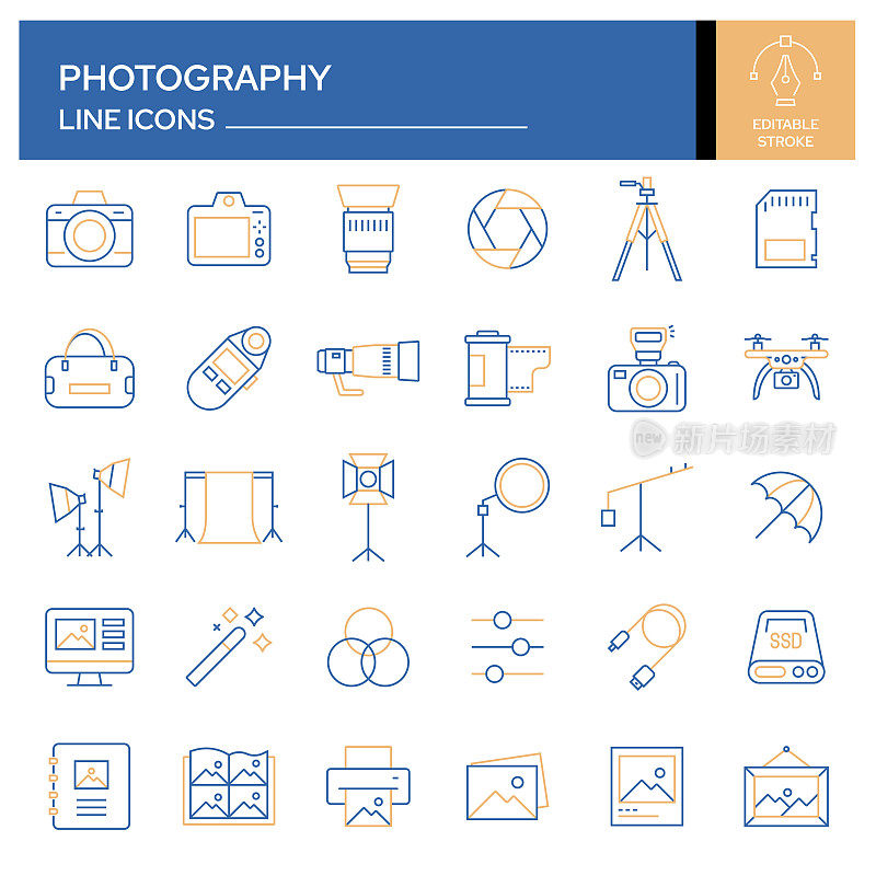 摄影相关的线条图标集。轮廓符号集合，可编辑的描边