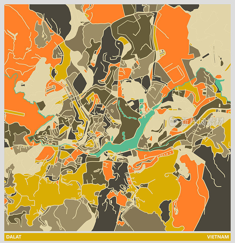 越南大叻市彩色艺术插画风格地图