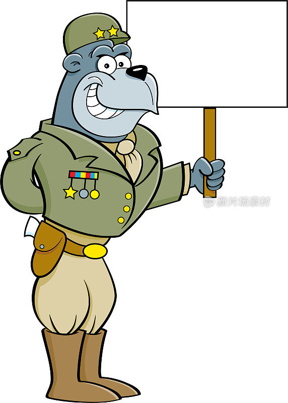 卡通微笑大猩猩打扮成将军，拿着一个牌子。