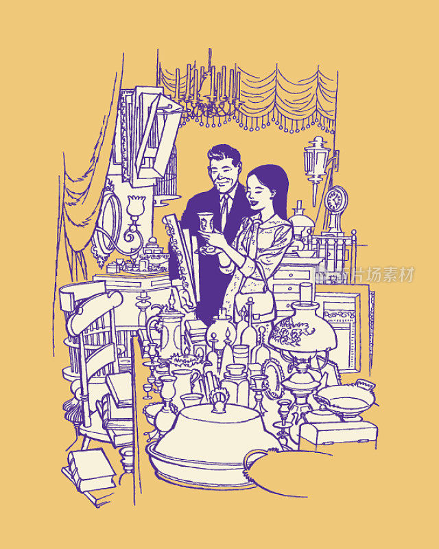 一对夫妇在古董店购物的插图