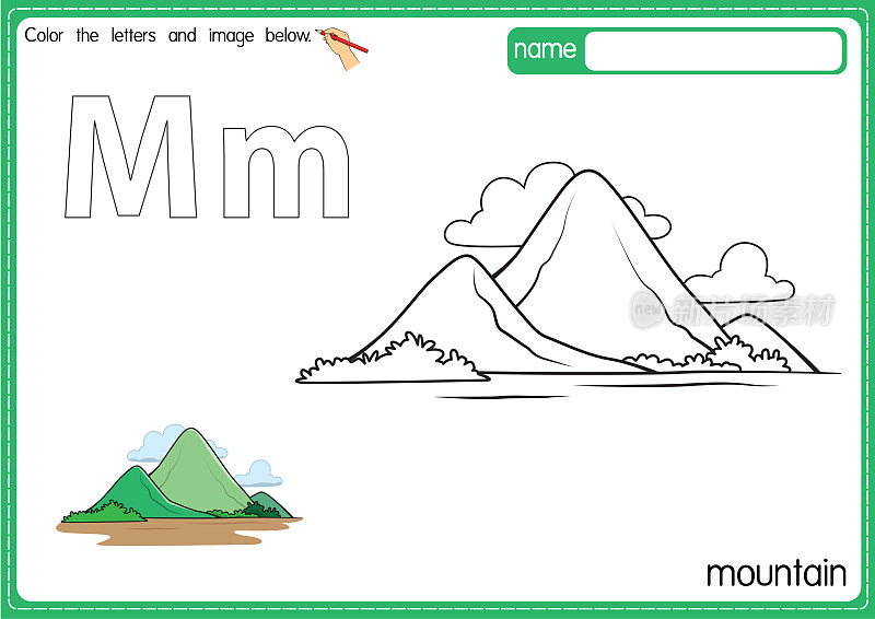 矢量插图的儿童字母着色书页与概述剪贴画，以颜色。字母M代表山。