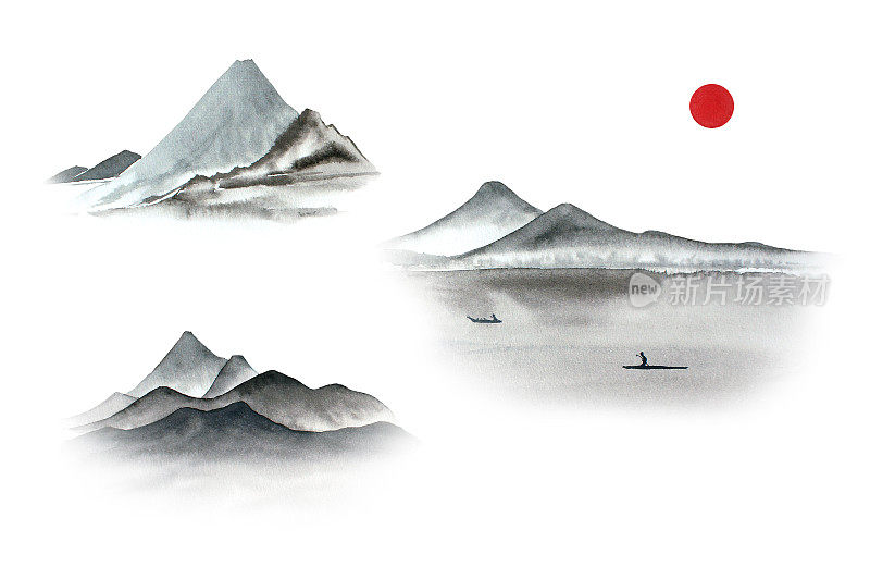 一套水彩画山在雾手画在sumi-e风格