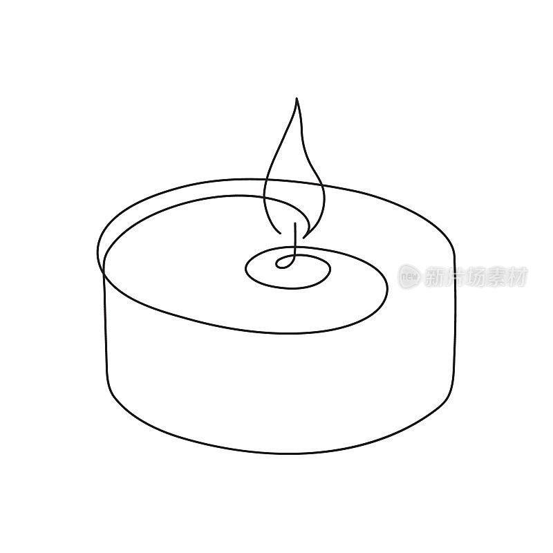 蜡烛单线艺术，程式化的连续轮廓，燃烧的滑雪球。手绘画轮廓，烛光火，火苗，节日浪漫装饰。