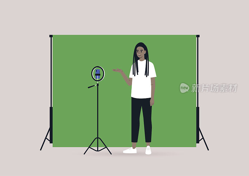 一位年轻的非洲女博主用三脚架、手机和色度键屏幕录制视频
