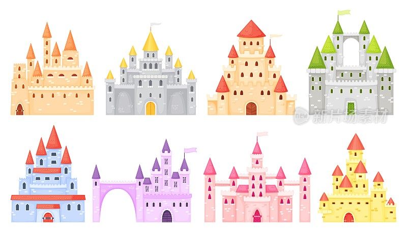卡通中世纪城堡，古代堡垒，童话宫殿。强化宫殿外观，大厦，童话公主城堡塔向量集
