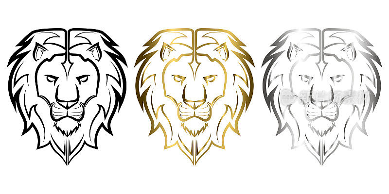 狮头正面的三色黑色金银线艺术，是狮子座生肖的标志，很好地用于象征吉祥物图标头像纹身T恤设计logo或任何设计