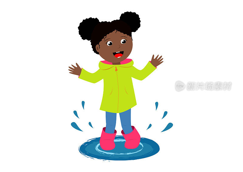皮肤黝黑的小女孩，一个打着伞的孩子在雨中玩耍，在水坑里跳跃，这是一个卡通风格的矢量插图