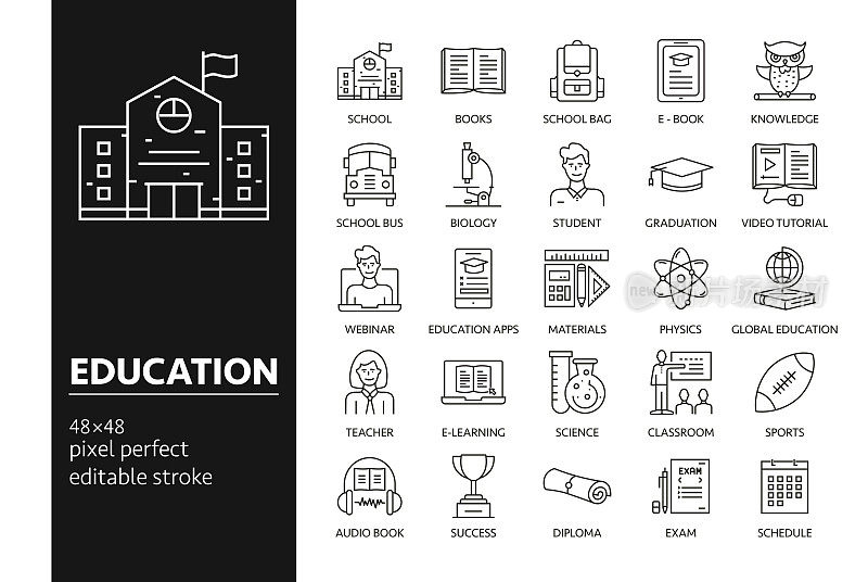 教育矢量绘制图标在48px网格，1px笔画宽度。信息图形、移动和网络等。