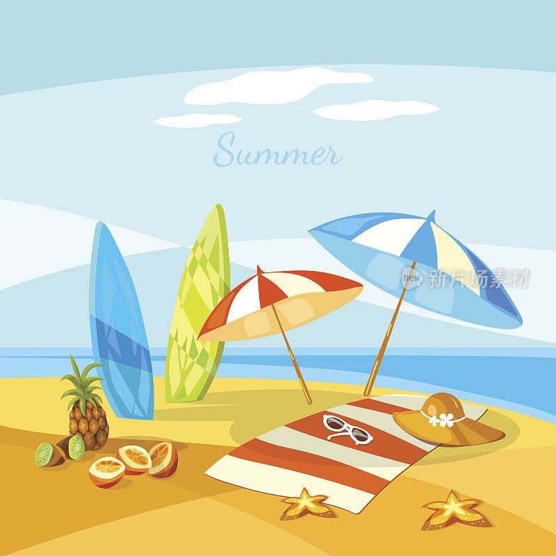 夏日海滩卡通毛巾伞海星冲浪板
