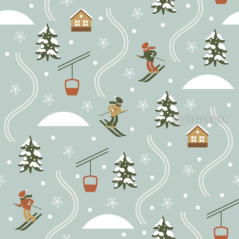 圣诞插图，滑雪胜地，无缝模式