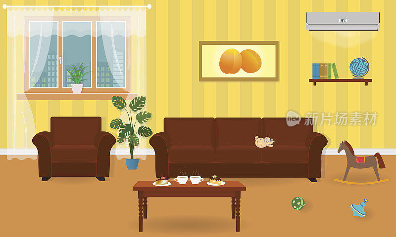 客厅内部色彩鲜艳，包括沙发、扶手椅、咖啡桌、空调、玩具。