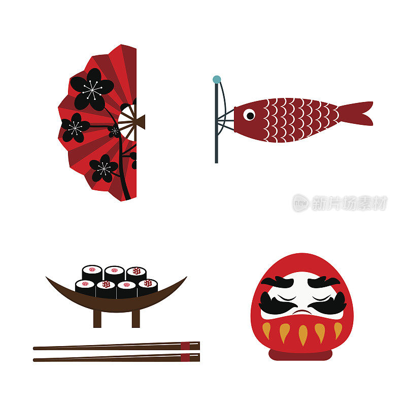 寿司食品和日本地标旅游图标矢量插图