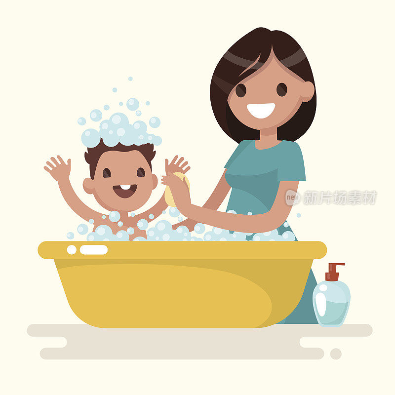 快乐的妈妈给她的宝宝洗澡。矢量图