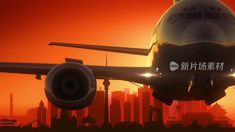 北京中国飞机起飞天际线金色背景