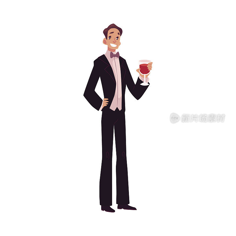 一个穿着黑衣服，打着领结，在复古派对上抽烟的男人