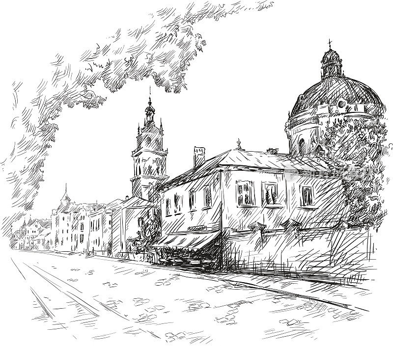 街道的草图。古老的城市。城市中心。欧洲。