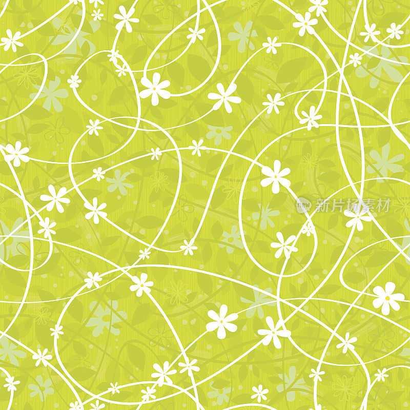 黄色背景上的白色线条和花朵图案