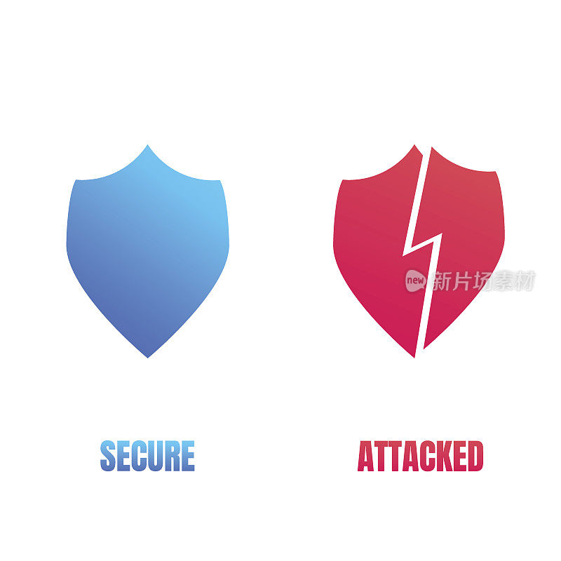 网络安全盾牌图标。计算机安全标志的安全和网络攻击的工作流程