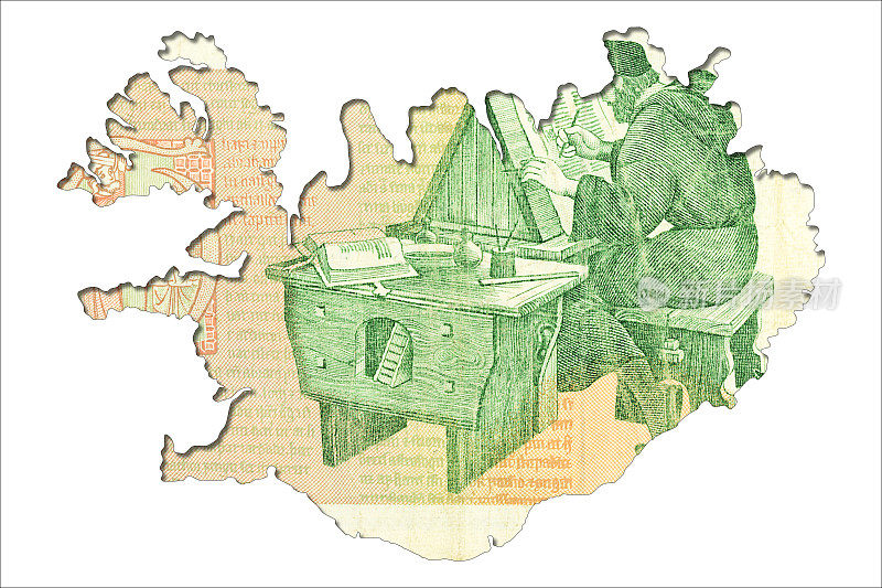 100冰岛克朗纸币倒转成冰岛的形状