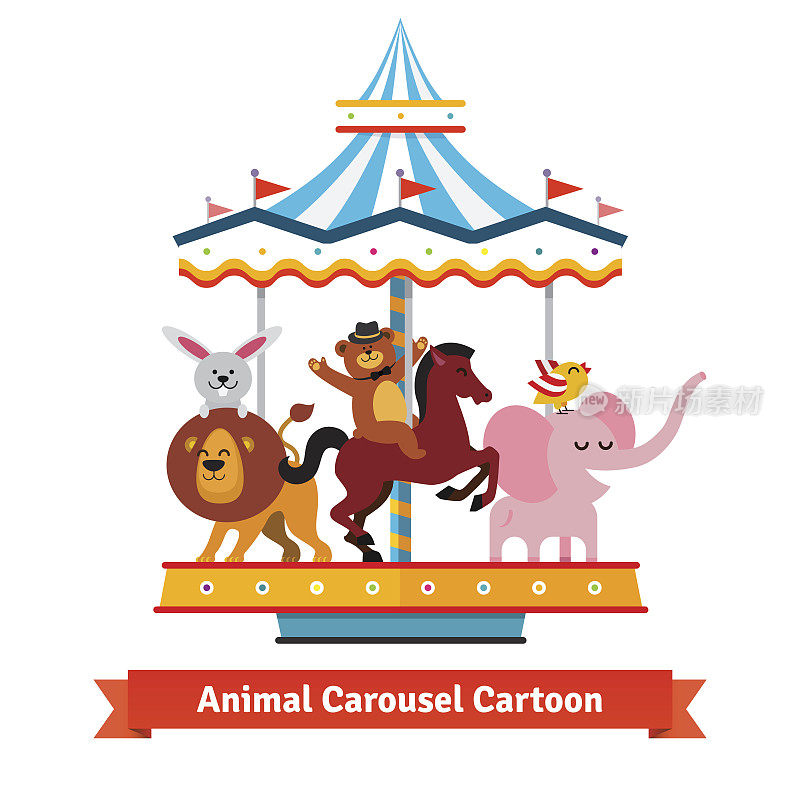 有趣的卡通动物骑在嘉年华旋转木马上