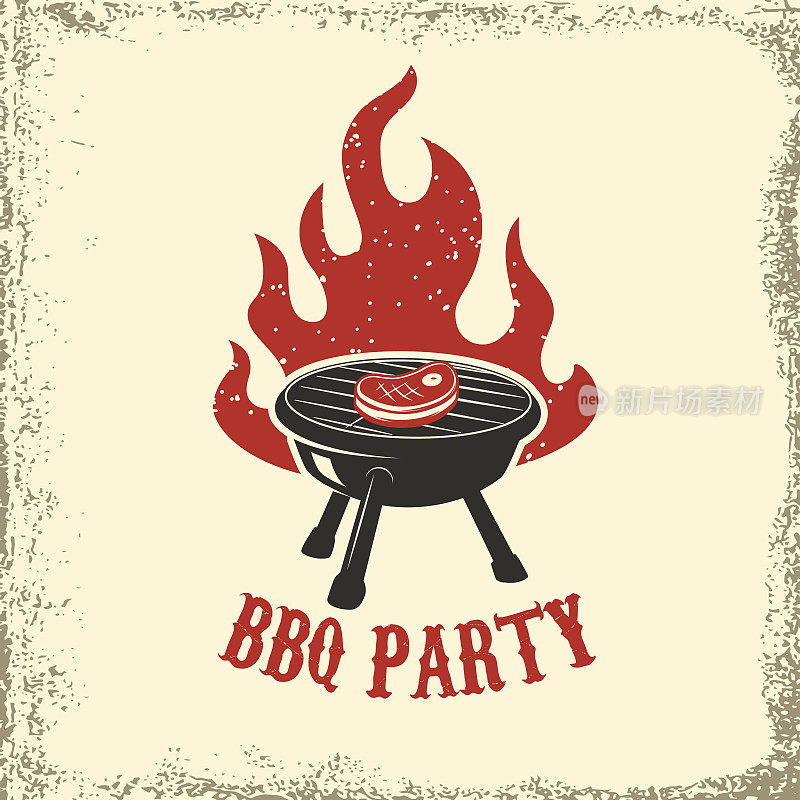 烧烤聚会。用火烧烤垃圾背景。设计元素海报，餐厅菜单。矢量插图。