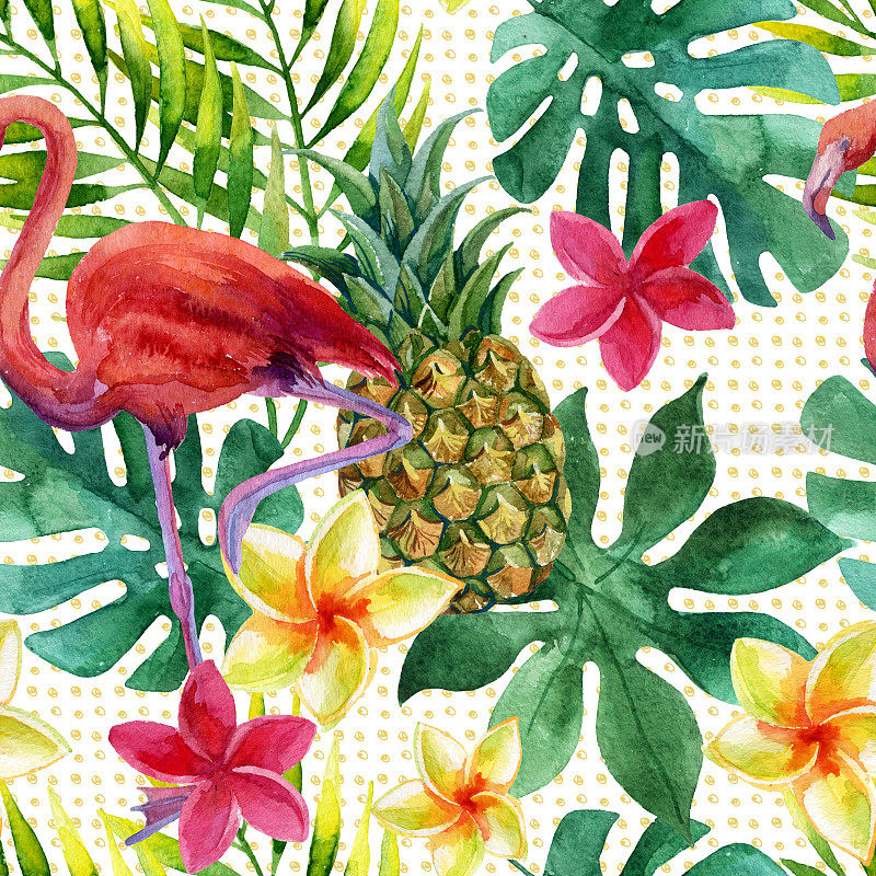 热带水彩画菠萝，花和叶与阴影