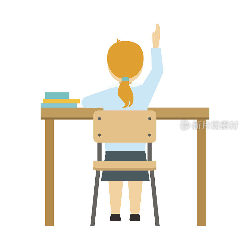 在教室里，坐在课桌上举起手的女孩，学校和学者生活系列的极简主义插图