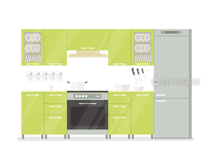 绿色色调的现代室内厨房。孤立在白色