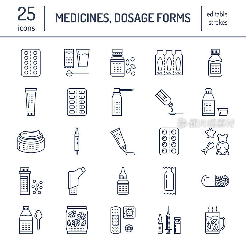药品、剂型、线条图标。药剂类药物、片剂、胶囊、药丸、抗生素、维生素、止痛药、喷雾剂。医疗威胁、医疗保健单线药店标志