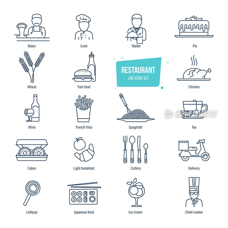餐厅系列图标集。员工的餐厅，食品，饮料，外卖