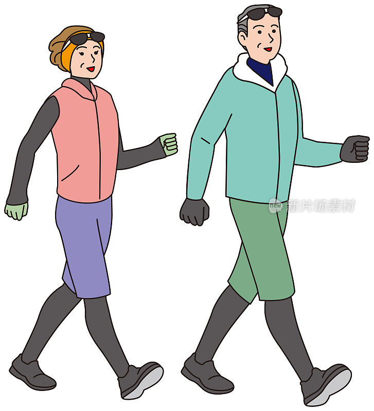 一对中年夫妇穿着冬装散步