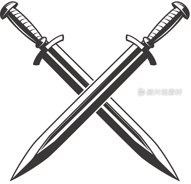 交叉的剑孤立在白色的背景。商标、会徽、标识的设计元素。矢量图