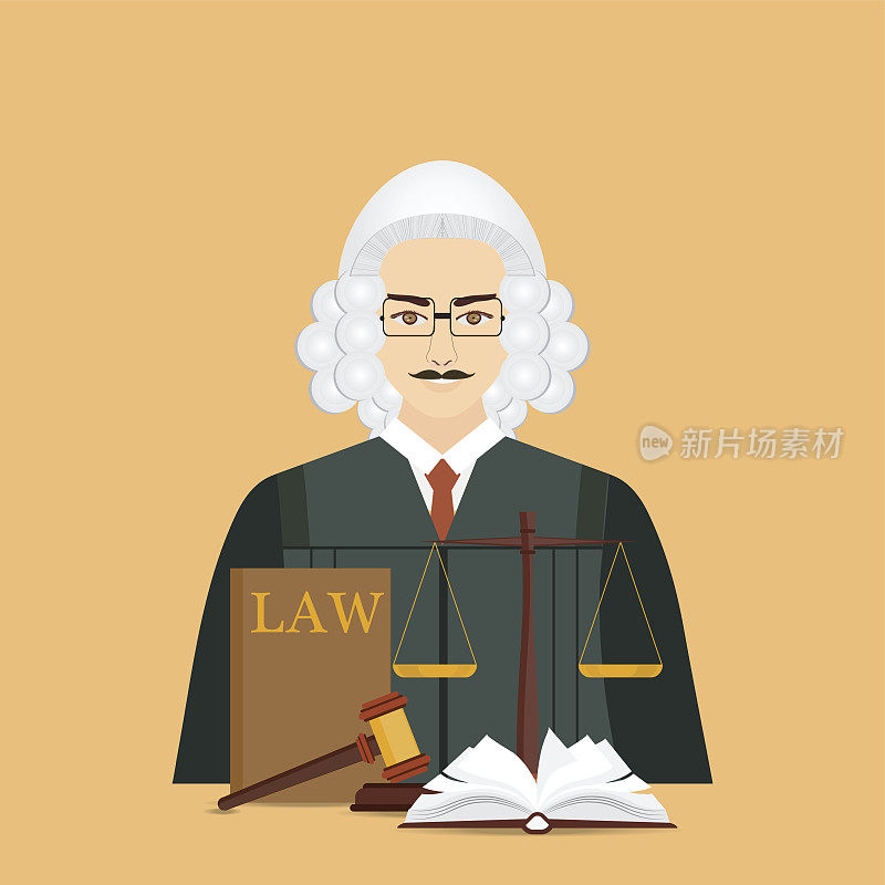 男性法官戴着假发与法律和公正设置图标。
