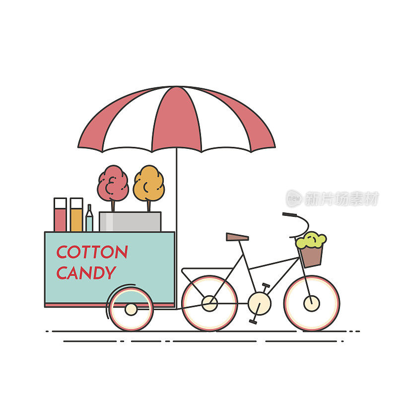 棉花糖的自行车。车轮上的车。食品和饮料亭。矢量插图。平线的艺术。