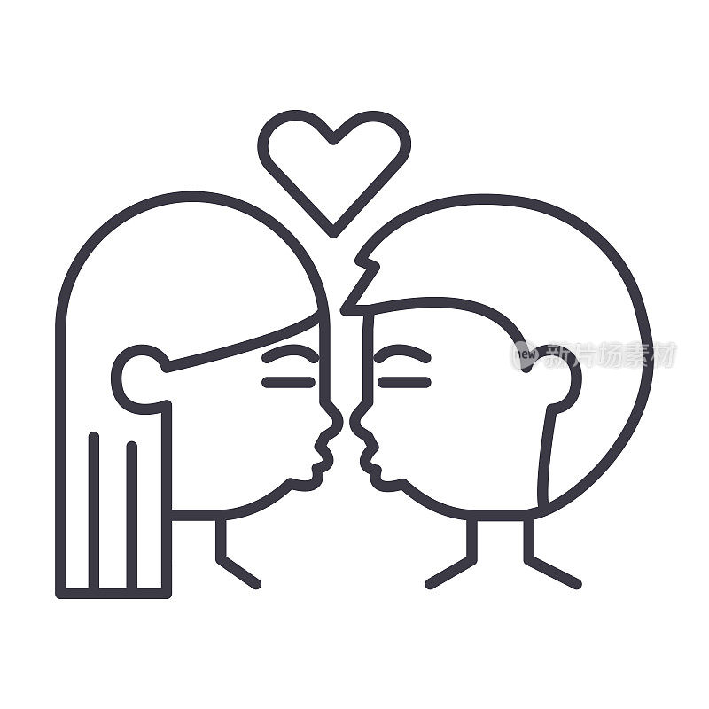 亲吻情侣矢量线图标，标志，背景上的插图，可编辑的笔触