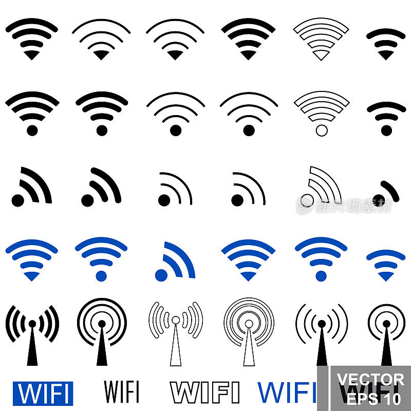 Wifi徽章。集。塔。信号。图标。简单的平面风格。为你的设计。
