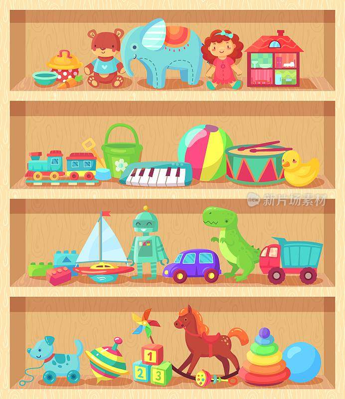 木制架子上的卡通玩具。有趣的动物宝宝钢琴女孩娃娃和毛绒熊。儿童玩具购物货架向量收集