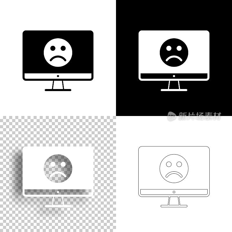 带着悲伤表情的台式电脑。图标设计。空白，白色和黑色背景-线图标