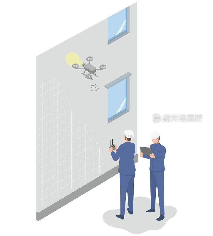 承包商用无人机检查建筑物或公寓外墙的等角图
