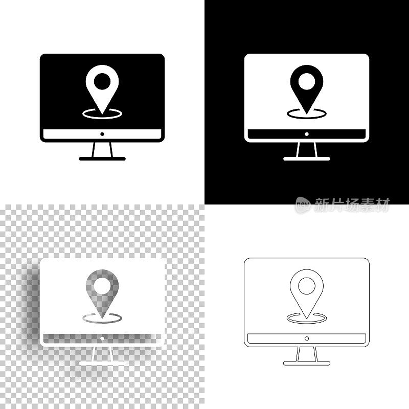 带定位销的台式电脑。图标设计。空白，白色和黑色背景-线图标