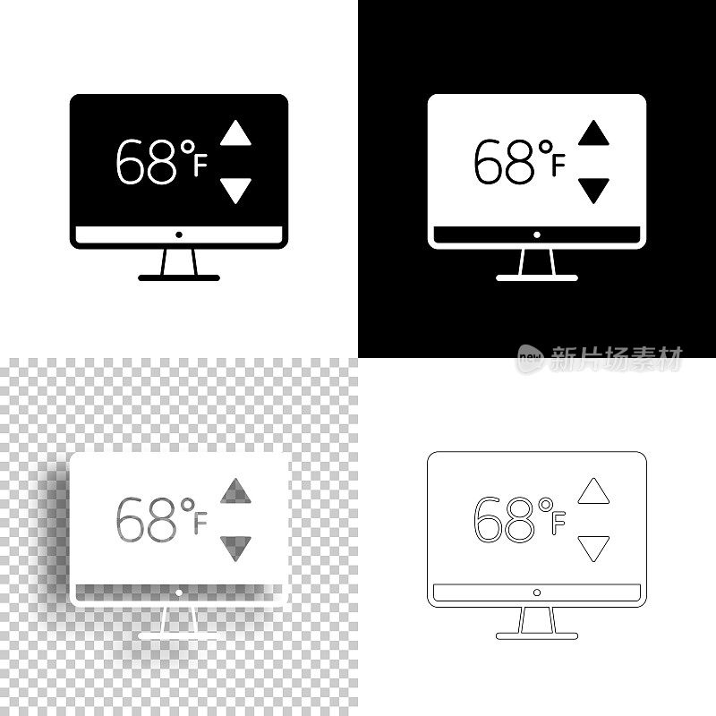 带加热控制的台式电脑。图标设计。空白，白色和黑色背景-线图标