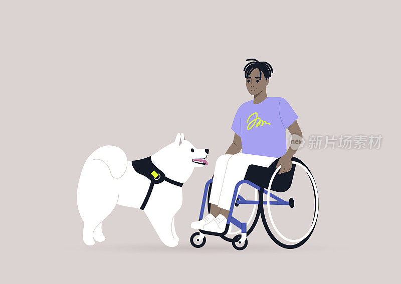 一个年轻的非洲男性角色坐在轮椅上和一只小狗玩耍，这是一个友谊的概念