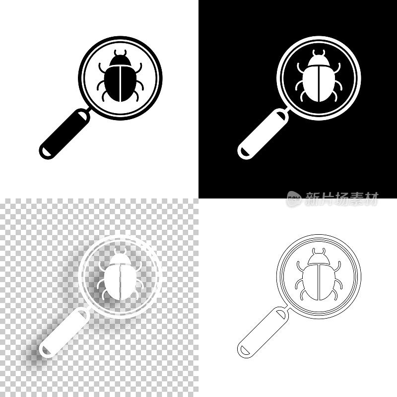 带虫子的放大镜。图标设计。空白，白色和黑色背景-线图标
