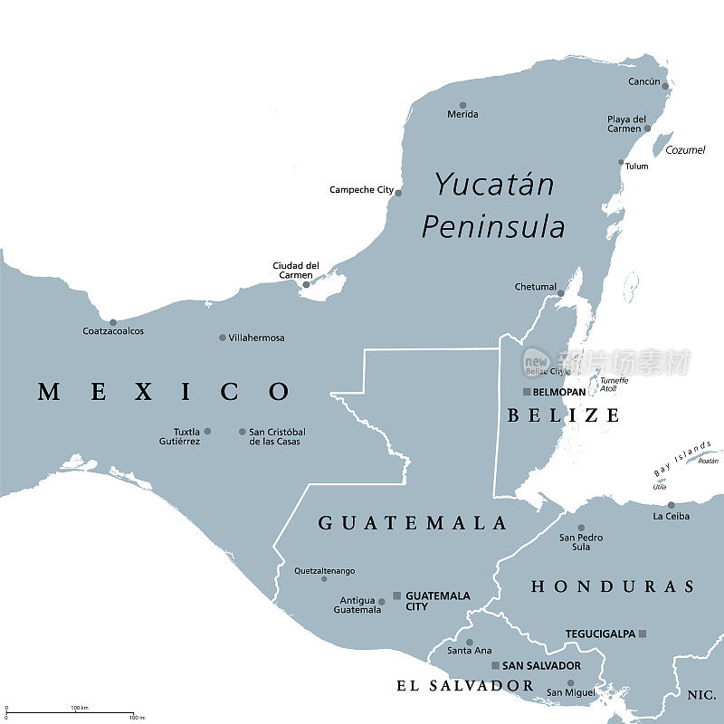 Yucatán半岛灰色政治地图，位于墨西哥东南部半岛