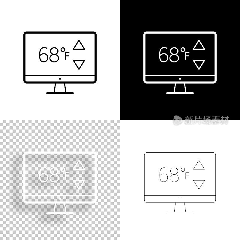 带加热控制的台式电脑。图标设计。空白，白色和黑色背景-线图标