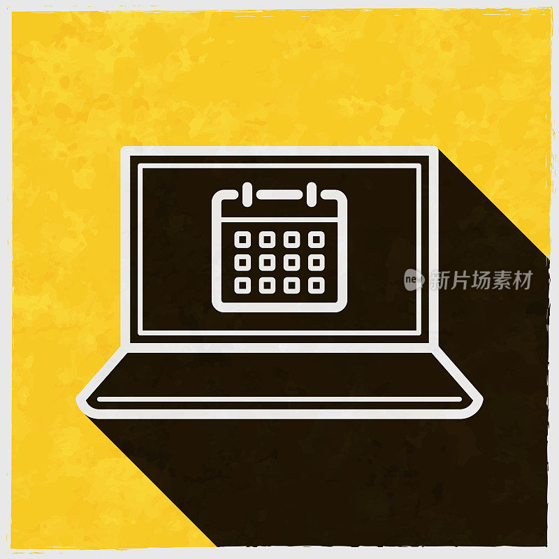 笔记本电脑日历。图标与长阴影的纹理黄色背景