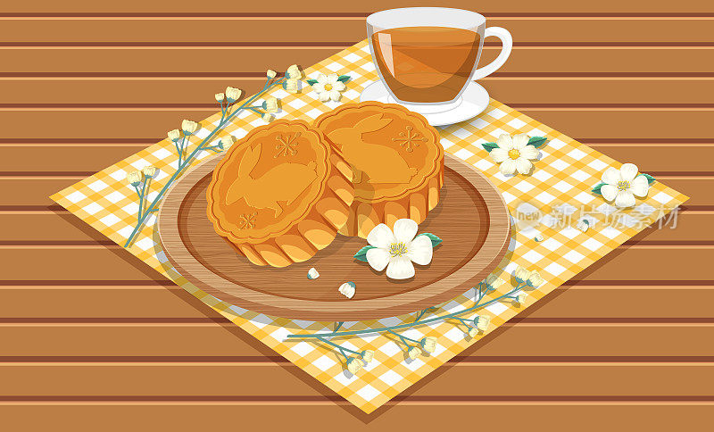 木桌上放着一堆月饼和茶杯