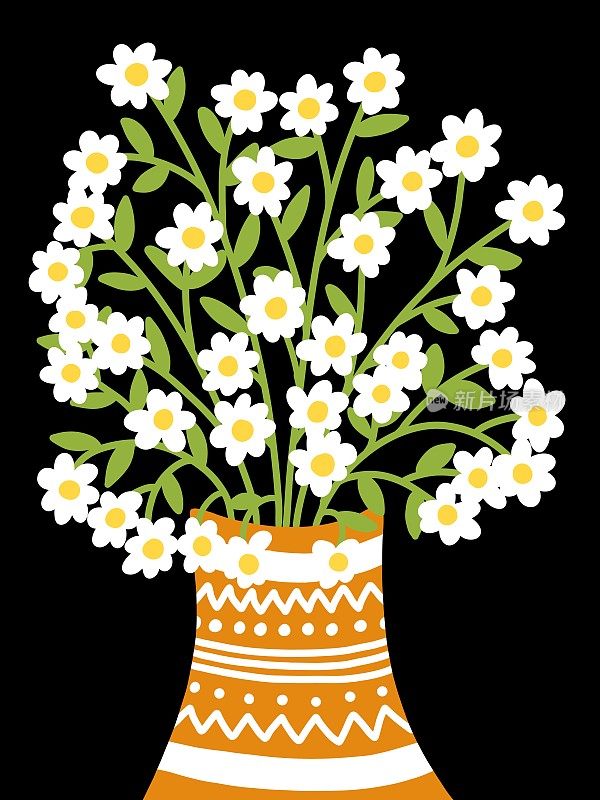 白花在黑色背景的花瓶里。一束花的插图。