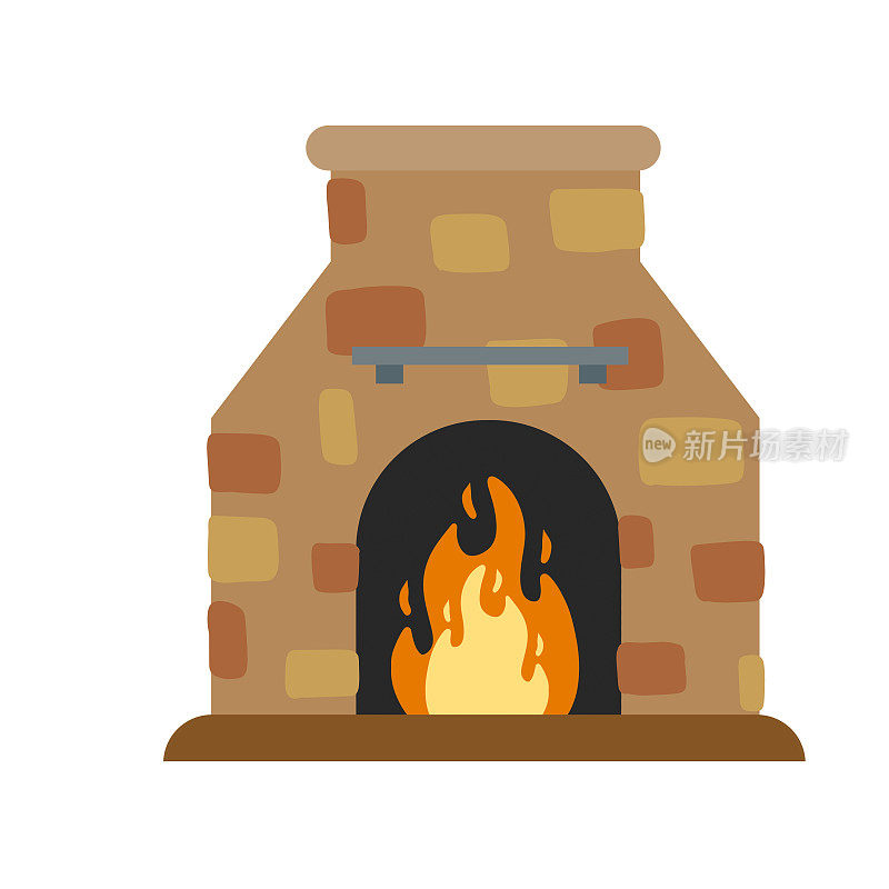 炉用火。经典的壁炉。带烟囱的质朴石烤炉。